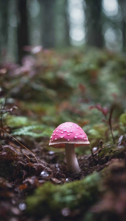 A single, cute pink mushroom in a magical forest setting.