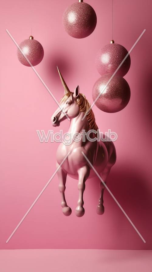 Unicorn Merah Muda dengan Balon Mengkilap