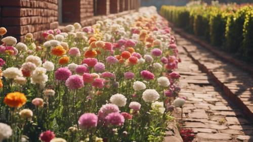 在陽光普照的花園裡，一排排色彩繽紛的花朵，周圍環繞著古色古香的磚牆