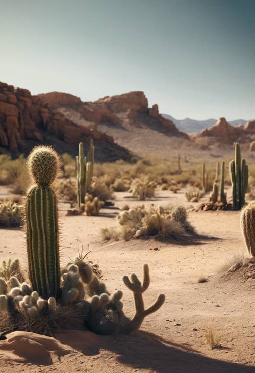 Eine Landschaft im Wilden Westen, die eine staubige, karge Wüste mit Kakteen unter der sengenden Sonne zeigt.