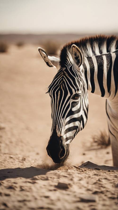 Uma zebra bebendo pacificamente em um oásis no meio do deserto.