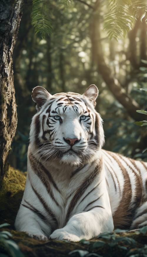 Một con hổ trắng hình giọt nước đang nằm trong bóng râm mát mẻ của một khu rừng trống
