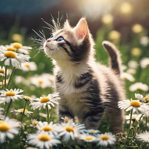 An inquisitive kitten trying to reach a butterfly fluttering above a field of daisies. ផ្ទាំង​រូបភាព [ef5d379ed9d94fd4a28c]