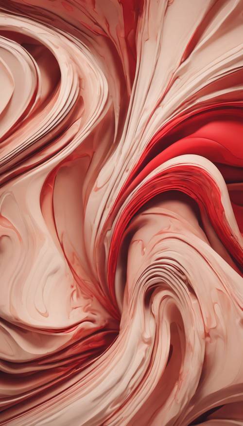 An abstract pastel red and beige artwork of swirling shapes.