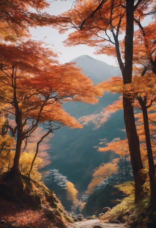 A tranquil Japanese mountain in autumn, ablaze with radiant fall colors. Tapeta [09f5d5b707294283ae4b]