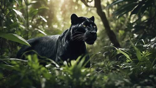 Uma Pantera Negra escura rondando por uma vegetação rasteira em uma selva densa.