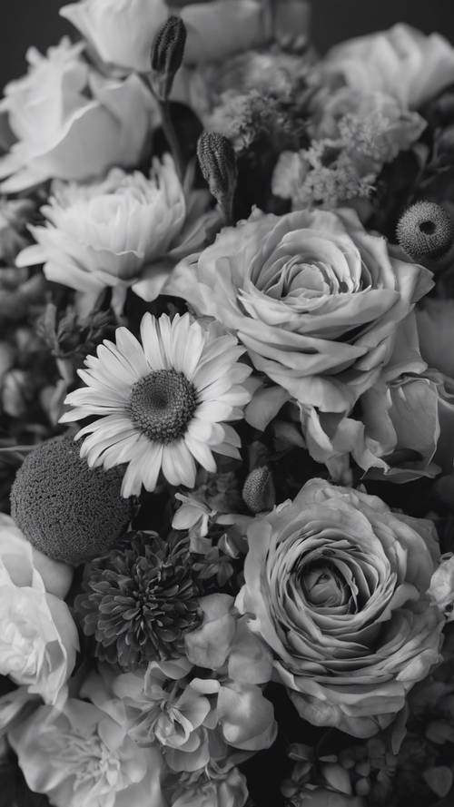 A carefully arranged bouquet of assorted flowers, their details coming alive in a grayscale palette.