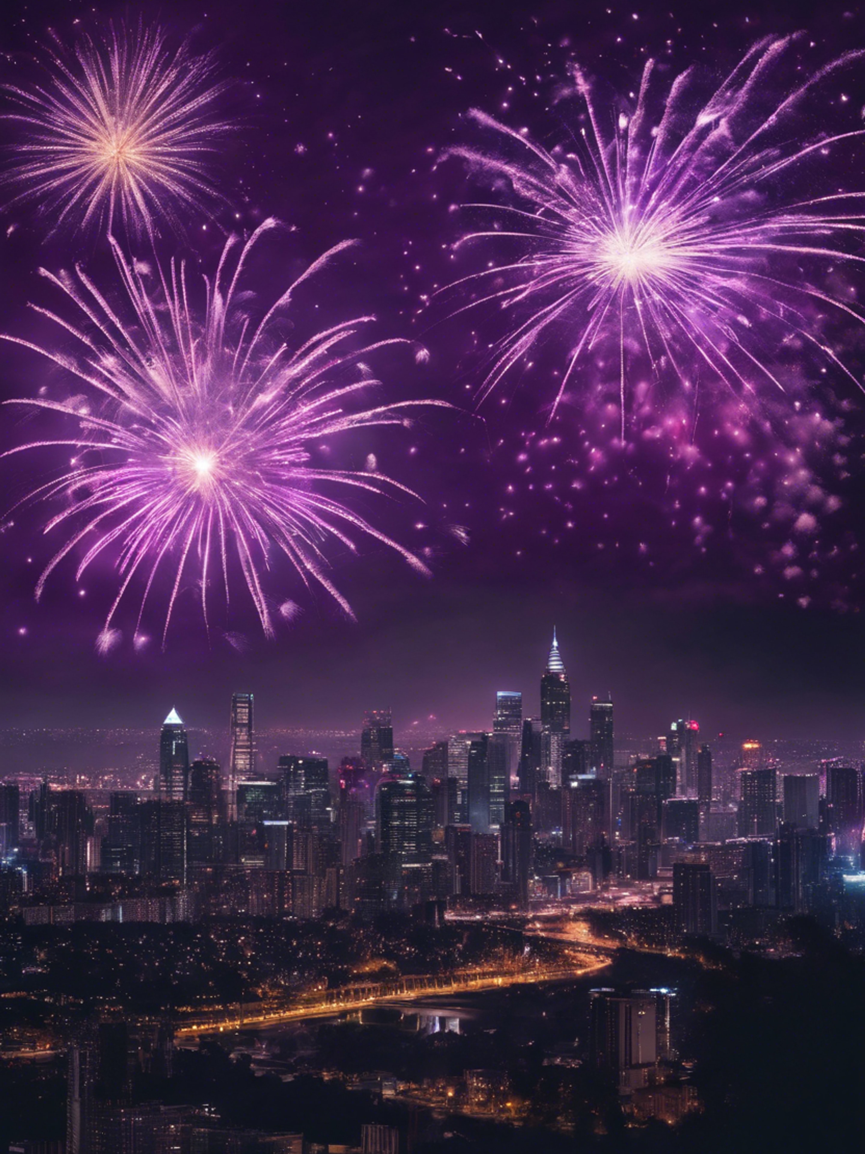 Dark purple fireworks illuminating the night's sky over an illuminated city skyline. کاغذ دیواری[a2398988017f44d3a04c]