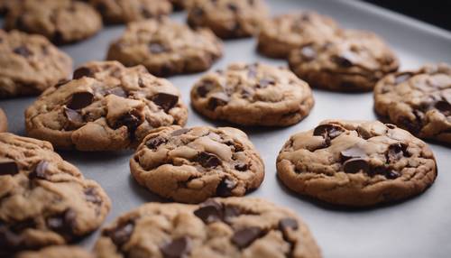 A collage of a multitude of delectable brown chocolate chip cookies fresh from the oven.