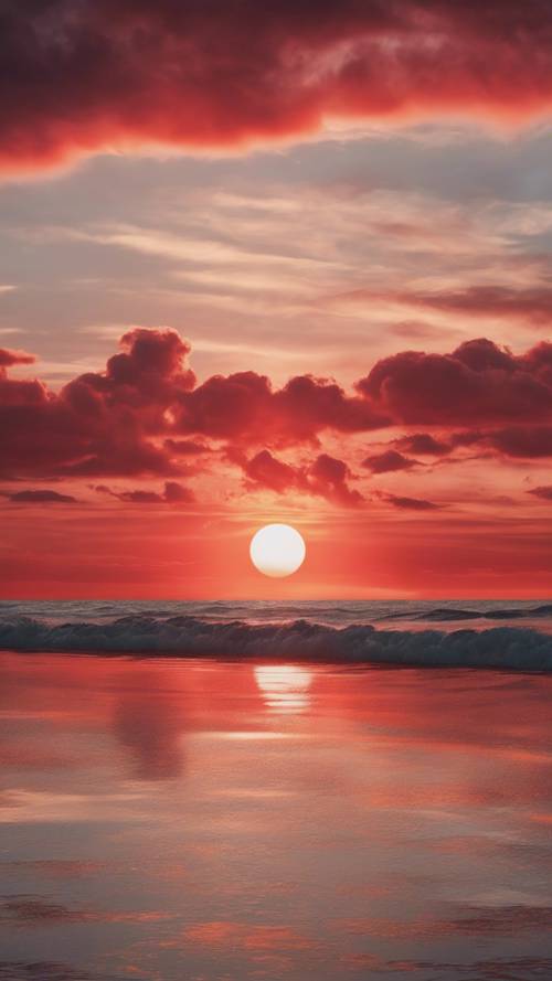 A spectacular sunset scene mashing white and red sky, reflecting on a calm, shimmering sea.