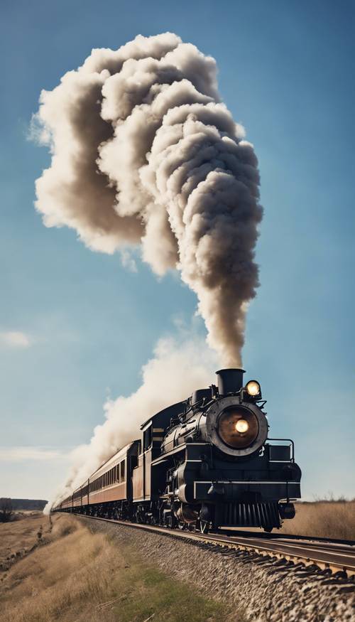 Ein altmodischer Zug tuckert unter einem blauen Himmel dahin, aus seinem Schornstein quillt weißer Rauch auf.