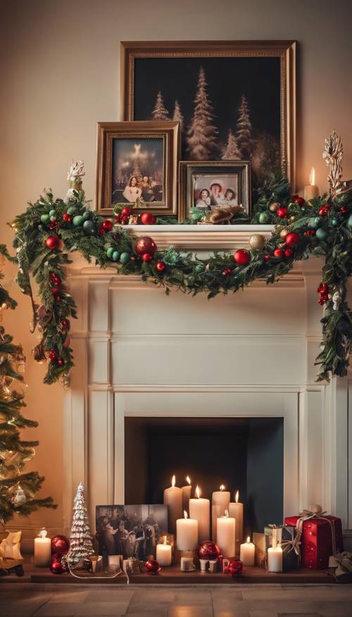 Una repisa navideña cuidadosamente diseñada, adornada con candelabros, guirnaldas de acebo y hiedra, pequeños adornos coloridos y fotografías familiares.