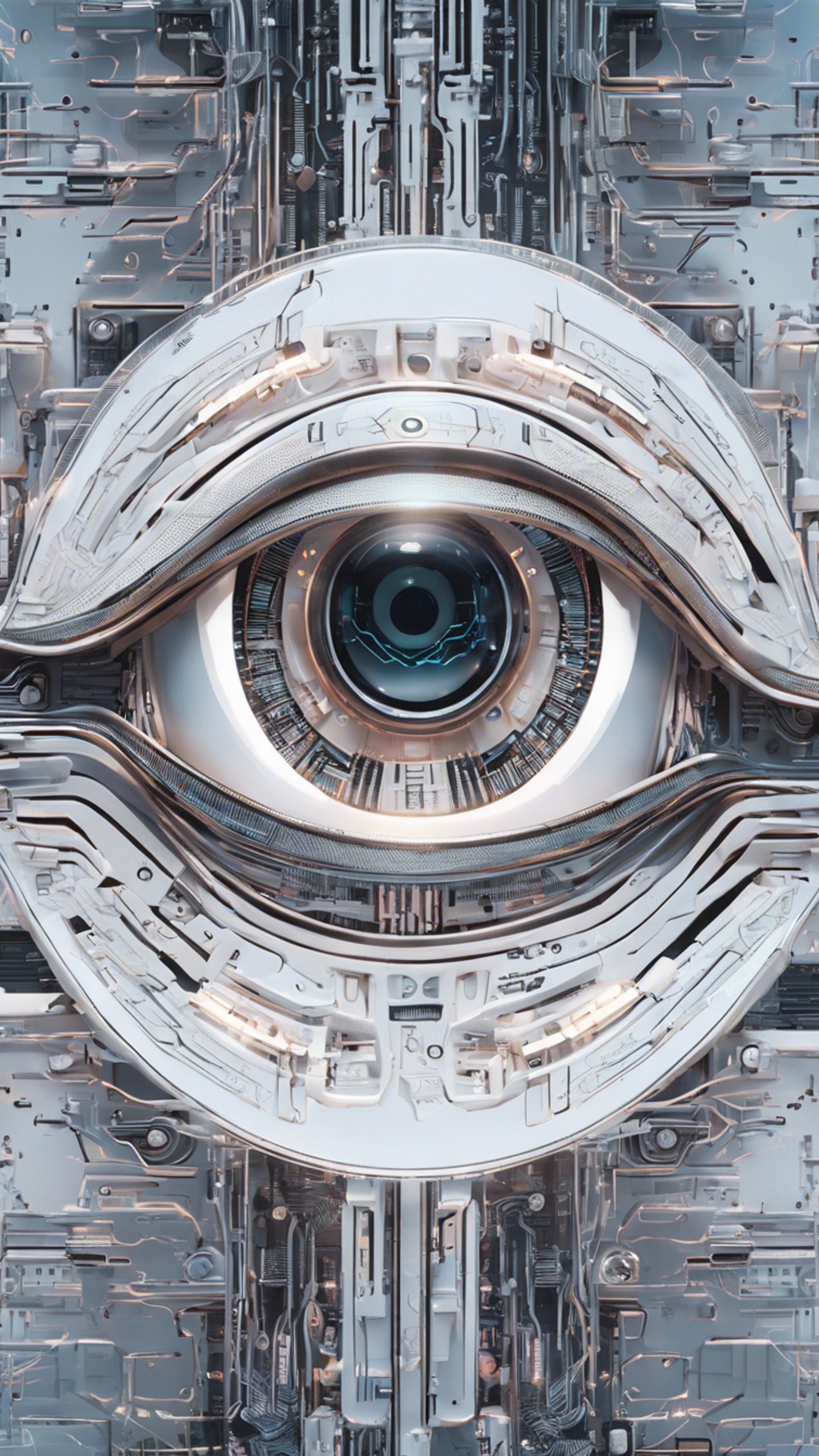 A close-up of a white cybernetic eye with futuristic white interface reflecting Wallpaper[ce133d4a8d4b4b1ead92]