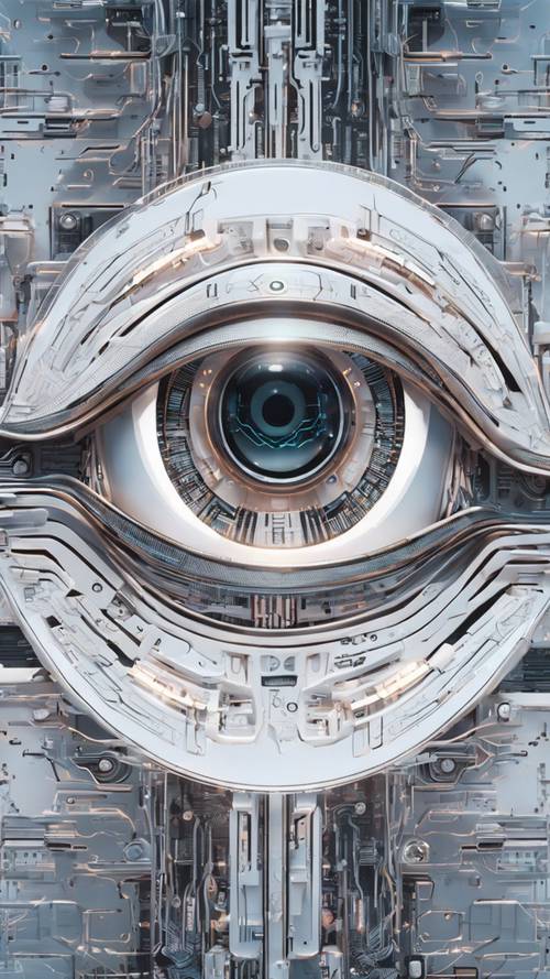 Zbliżenie białego cybernetycznego oka z odbijającym się futurystycznym białym interfejsem