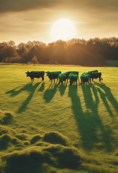 Стадо зеленых коров под красивым закатом, отбрасывающее длинные тени на травянистое поле.