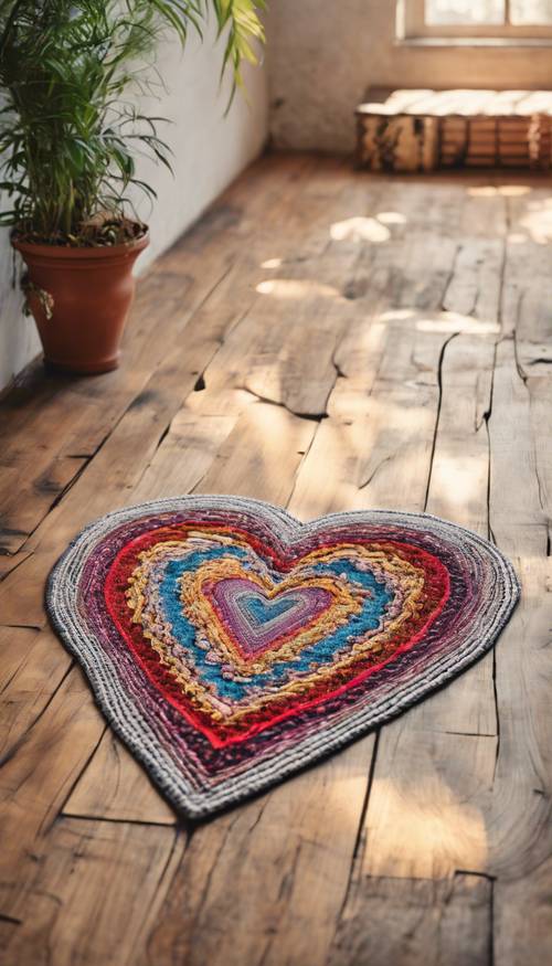 Un tappeto boho a forma di cuore realizzato con patchwork colorati su un pavimento in legno illuminato dal sole.