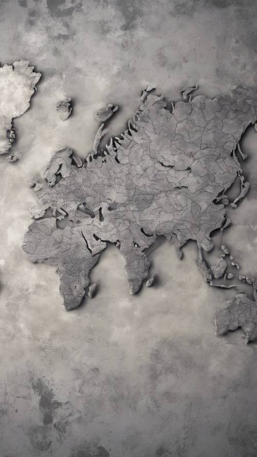 An embossed grey world map on a concrete wall.
