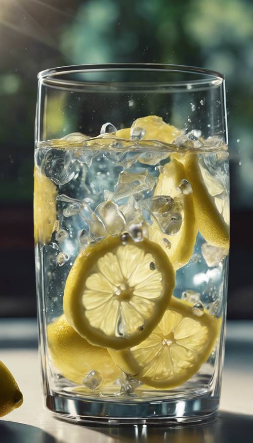 Kristal berraklığında bir bardakta limonla demlenmiş suyun son derece ayrıntılı bir tablosu.