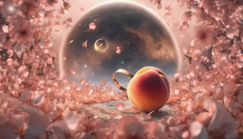 Cyfrowy kolaż przedstawiający brzoskwinię przedstawioną jako planeta z krążącymi wokół niej pierścieniami płatków kwiatów.