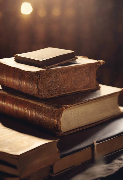 도서관 책상 위에 빈티지 갈색 하드커버가 열려 있는 오래된 책