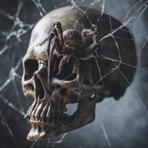 A close-up of a brooding gray skull with a spider delicately spinning a web in its eye socket.
