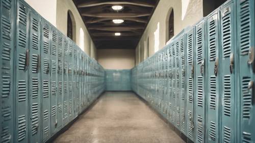 Rows of light blue vintage lockers in an old high school hallway.