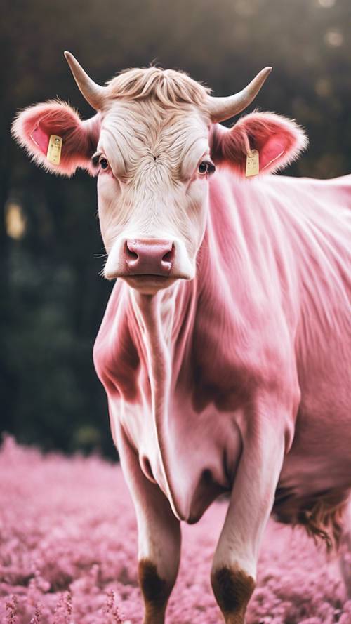 Pastelowo-różowy nadruk krowy na modnej odzieży.