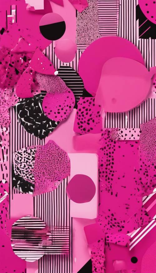 An abstract collage featuring patterns and shapes in hot pink in a random arrangement. Tapet [586cb3364aa246f6a285]