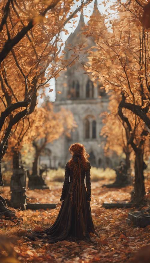 一個幽靈般的人物站在廣闊的花園中，周圍環繞著秋天色彩的哥德式樹葉。