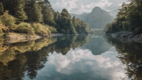 Puncak danau pegunungan yang damai dengan air yang sangat tenang, mencerminkan kutipan &#39;Perdamaian tidak dapat dicapai melalui kekerasan, ia hanya dapat dicapai melalui pengertian.&#39;