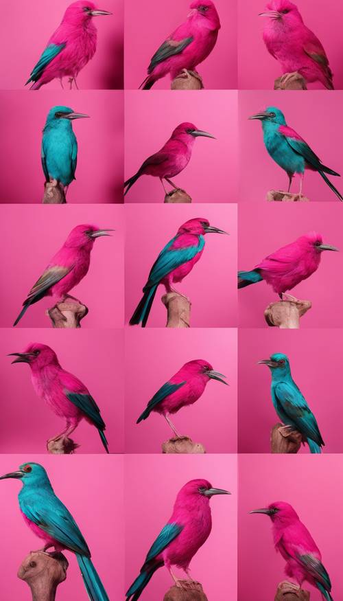 A collage of exotic hot pink birds in various poses. Tapet [1f244bc06dc14c2cb4c9]