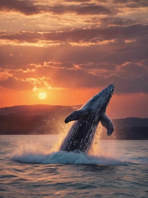 在绚烂的落日背景下，一头灰鲸雄伟地跃出水面。