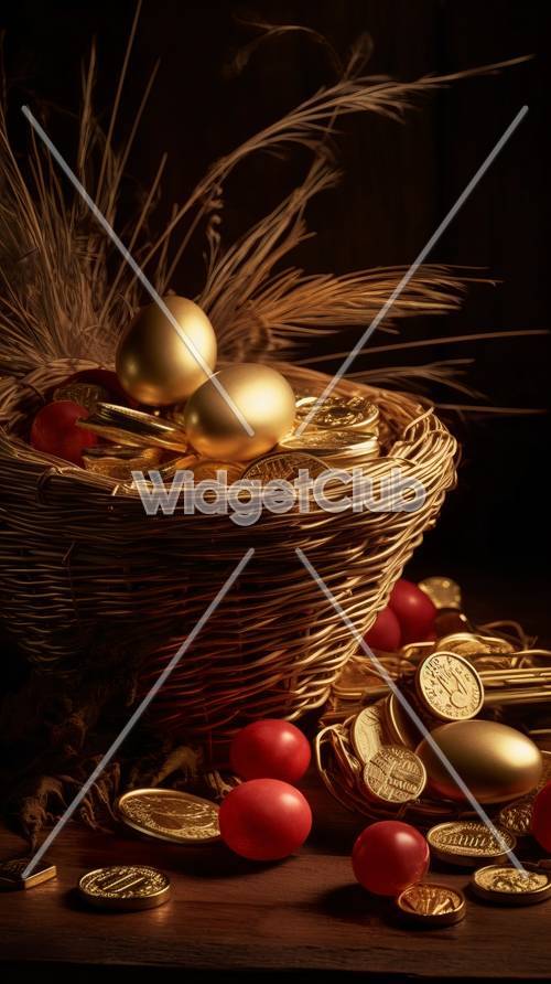 Korb mit goldenen Schätzen und leuchtenden Ornamenten