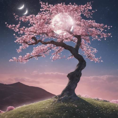 Samotne drzewo kwitnącej wiśni na wzgórzu, skąpane w załamanym świetle księżyca.