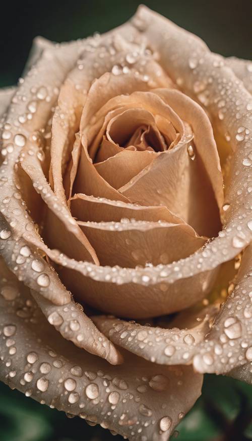 A close-up of a tan colored rose covered in morning dew.