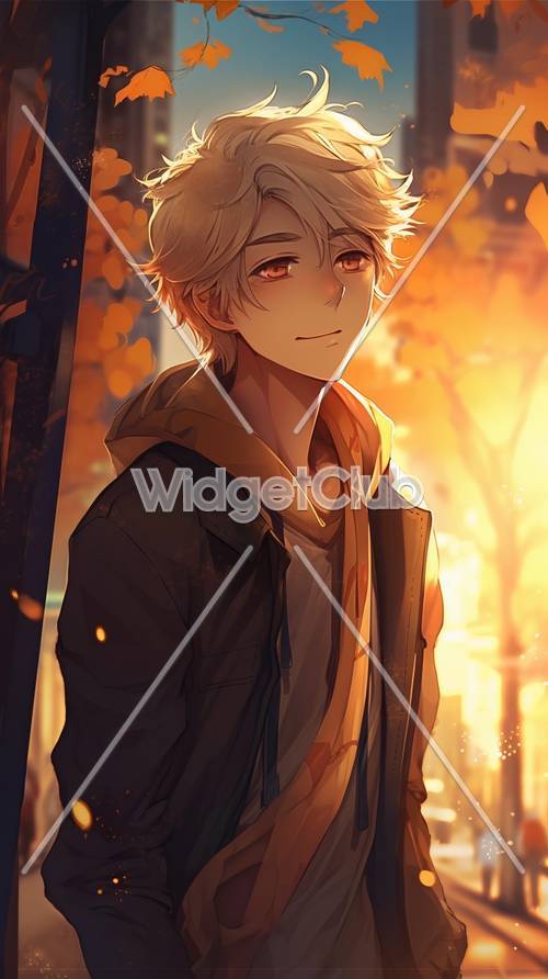 Golden Sunset Anime Boy Background