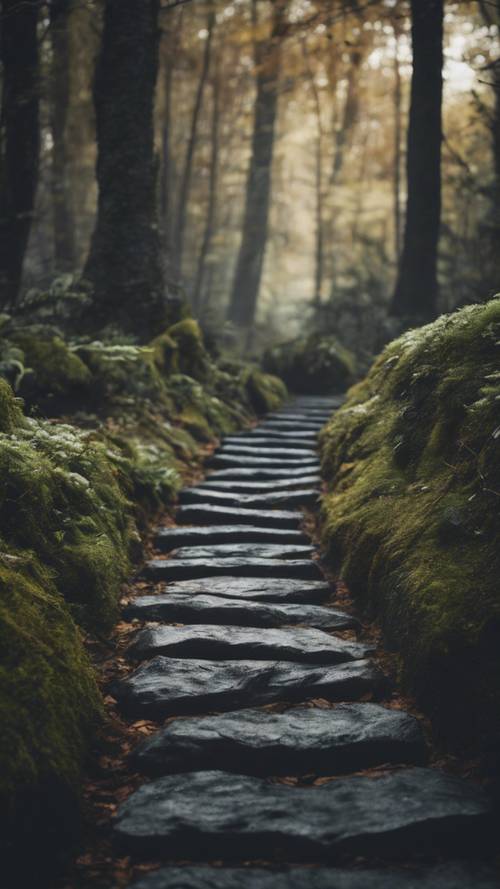 Un chemin de pierre sombre et texturé menant à une forêt mystérieuse.