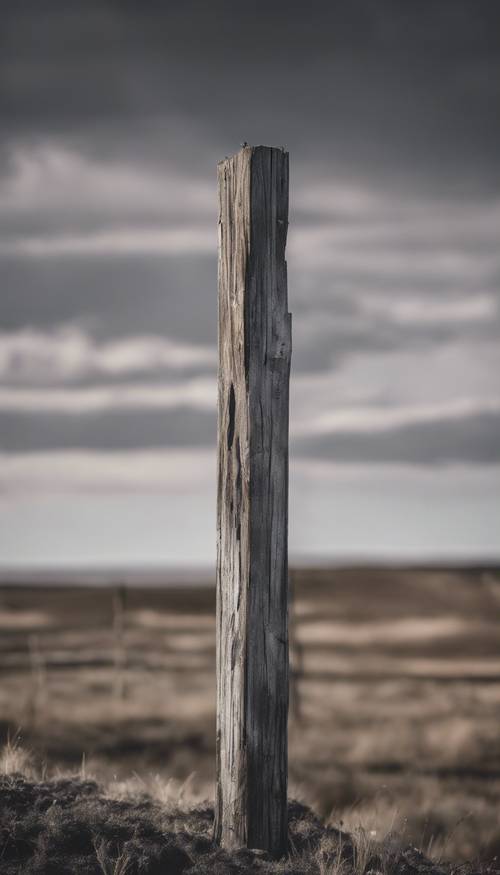 A spectrum of greys in a barren plain, a single old wooden post standing out.
