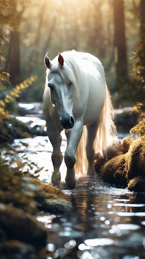 Pemandangan hutan ajaib dengan unicorn putih bercahaya diam-diam minum dari aliran sungai yang jernih.