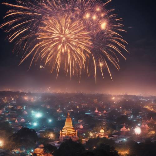 A spectacular display of Diwali fireworks illuminating the night sky above an Indian city.