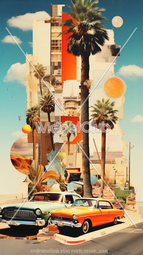 Arte de collage tropical con palmeras y naranjas