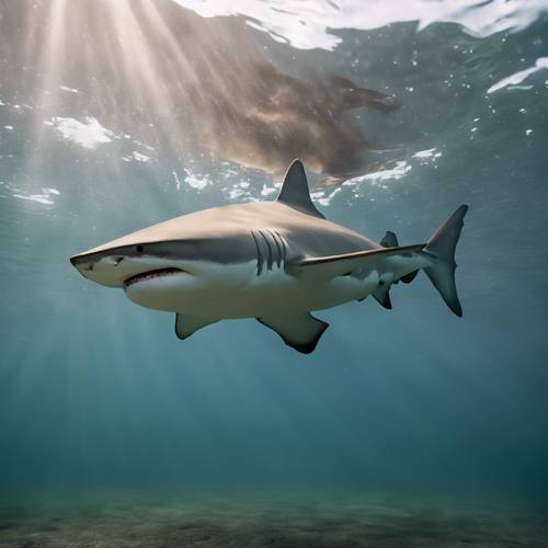 Hình ảnh nhìn từ bên của một con cá mập bò hung dữ đang bơi trong làn nước âm u của một con sông.