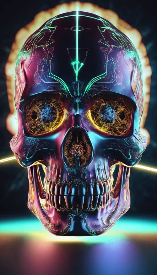 A luminescent neon skull with lasers shooting from the eyes. Tapet [27466e399864445e8ad4]