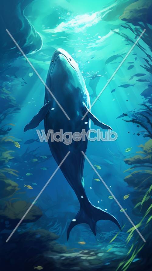 Baleia Azul Mágica Nadando nos Raios de Luz do Oceano