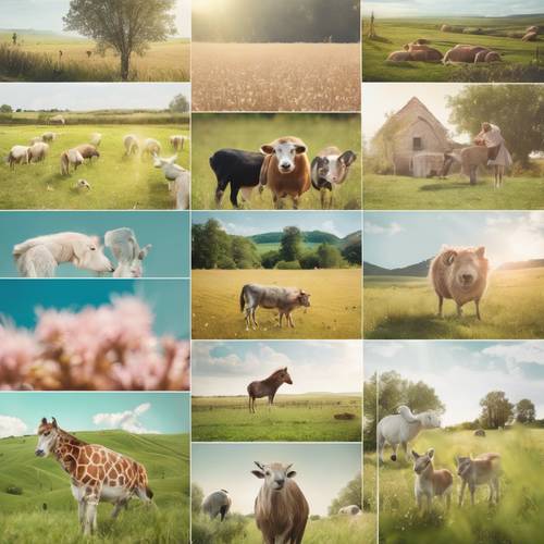 Un collage vivant représentant une campagne pastel pittoresque avec des animaux sympathiques.