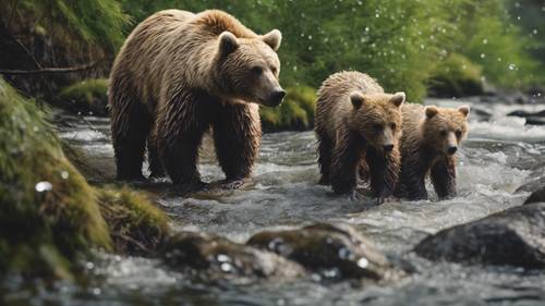 A mother bear and her cubs by a crystal clear mountain stream in a gentle spring rain.