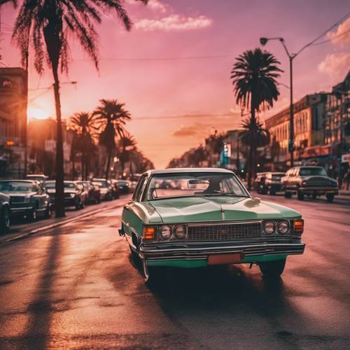 A boulevard with 90s cars and pedestrians in vintage outfits, a candy-colored sunset making everything glow.