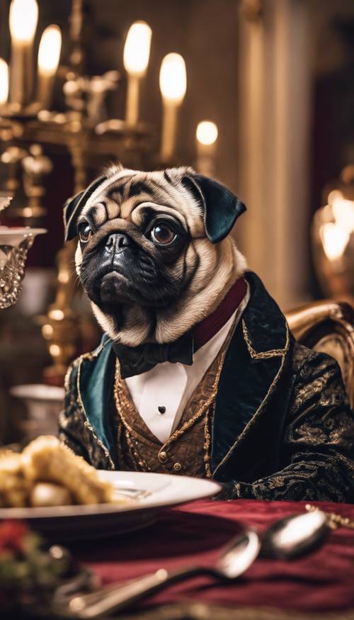 Un chien carlin vêtu de vêtements de l&#39;époque victorienne se régalant d&#39;un banquet dans un grand manoir. Fond d&#39;écran [e3f4c091dacb497ca4b1]