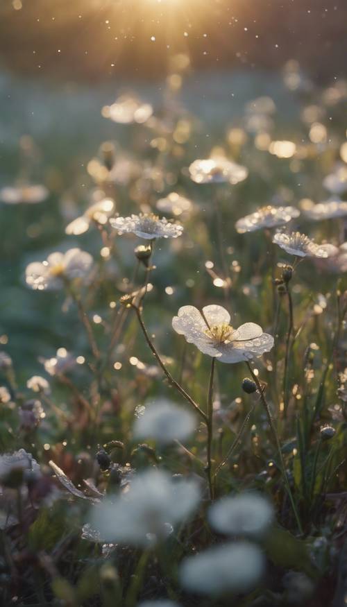 Una scena di paesaggio tranquillo all&#39;alba all&#39;inizio della primavera con fiori baciati dalla rugiada che sbocciano e raggi di sole che filtrano.