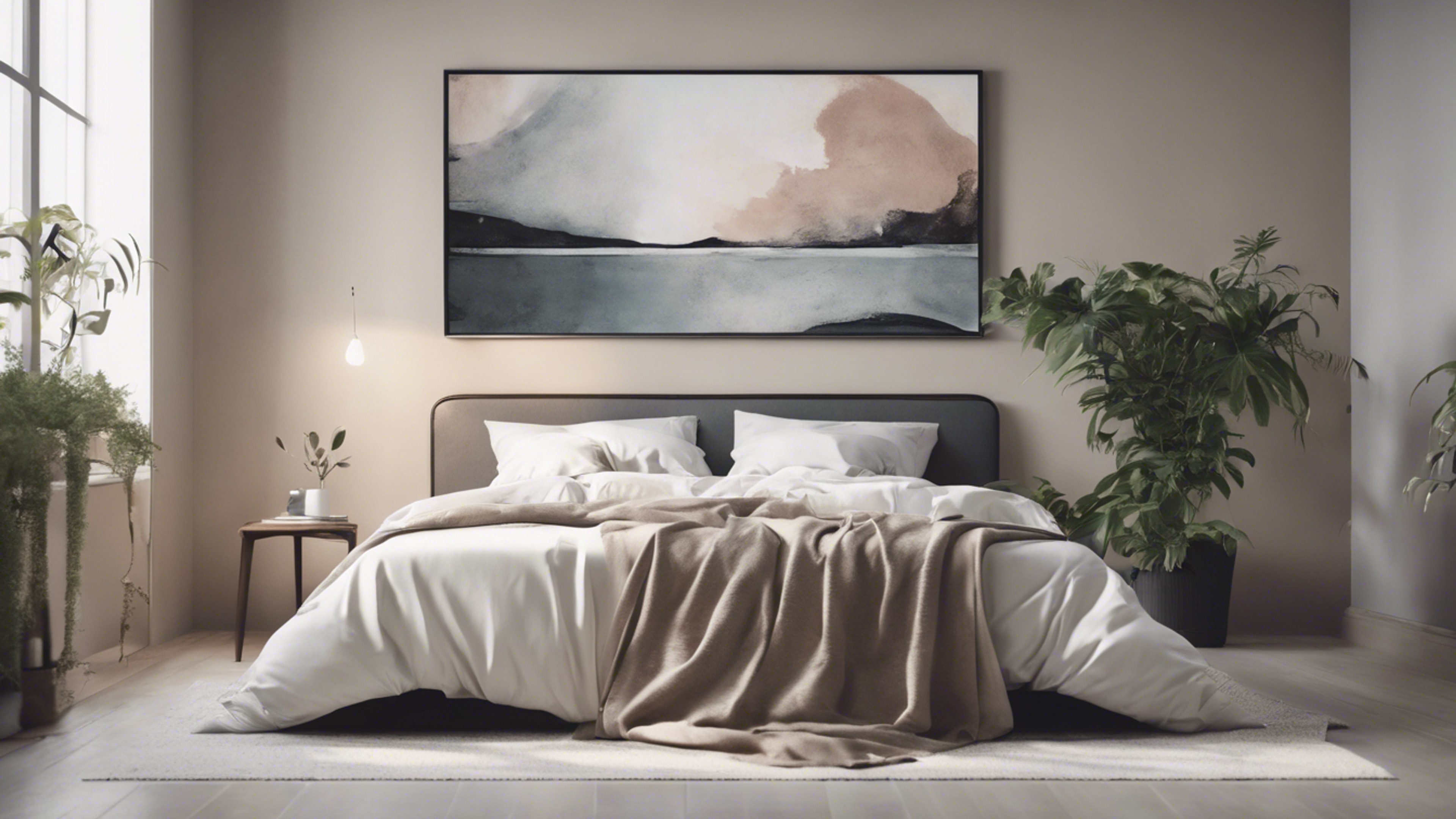 Minimalist bedroom in muted tones with a simple queen-sized bed, a potted plant, and an abstract painting. Tapeet[015f6f42387b4ed28c5e]